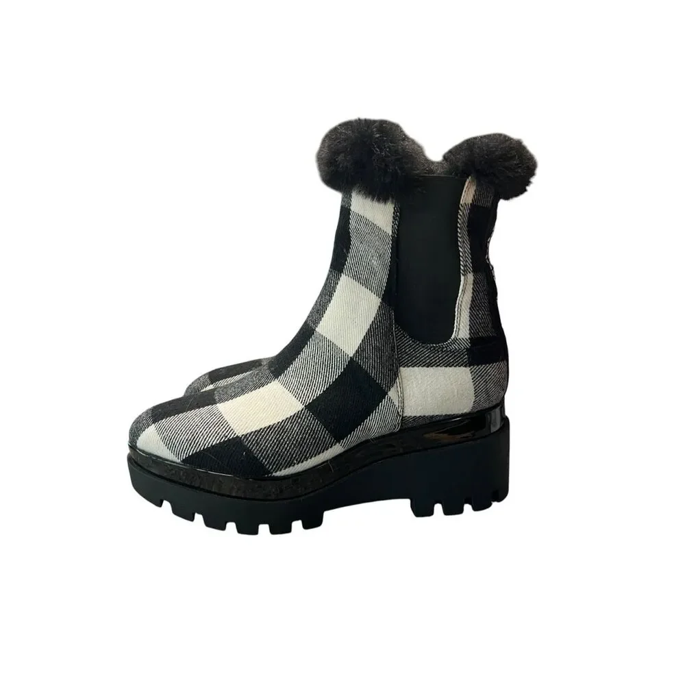 DKNY 9 Bax wedge booties black white buffalo check plaid thick black lug sole